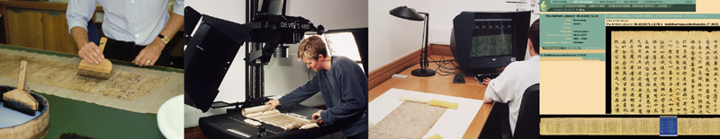 Composite image showing conservation and digitisation processes, up to final view on a computer screen.