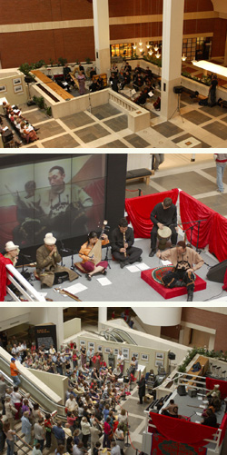 Composite of photographs of performance events inside the British Library.