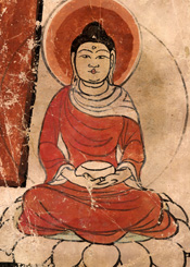 Drawing of a Buddha seated with a begging bowl in hand.