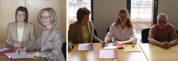 Composite of two photographs of people sitting at desks, signing documents.