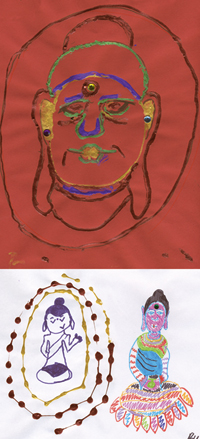 Composite of pictures drawn by children inspired by Buddhist art at Dunhuang. 