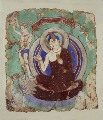 Brightly coloured wall painting fragment of a religious figure preaching.