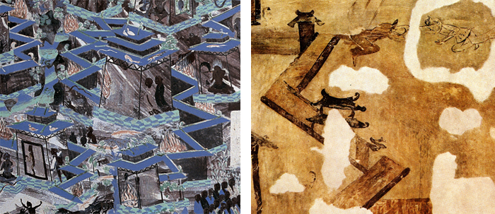 Composite image of a very blue Korean wall painting using a zigzag motif to express building walls, and next to it a yellow-brown Dunhuang mural with a similar motif.