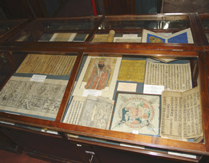 Many manuscript pages and illustrated items in a display case.