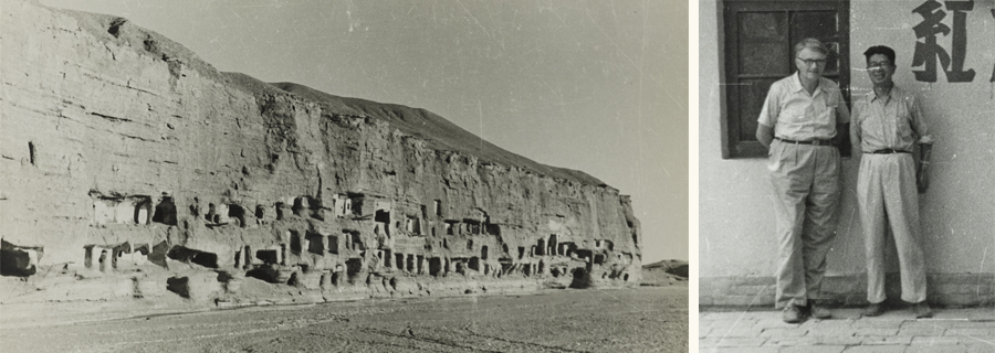Composite image of two historical photographs: one of caves in the Mogao cliff face, one of two people posed outside a building.