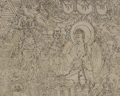 Printed line illustration of the Buddha preaching to his disciples.
