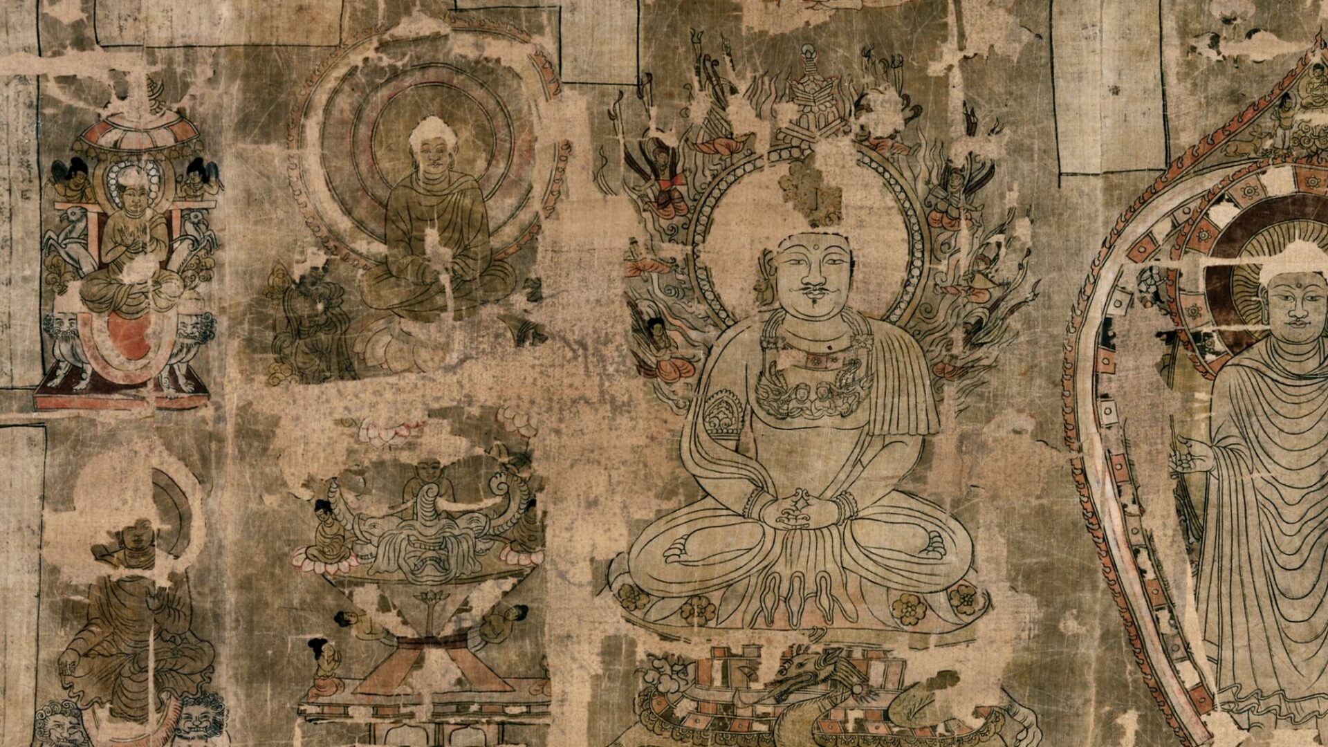 Section from a virtual reconstruction of fragments from a silk painting known as Famous images of the Buddha.