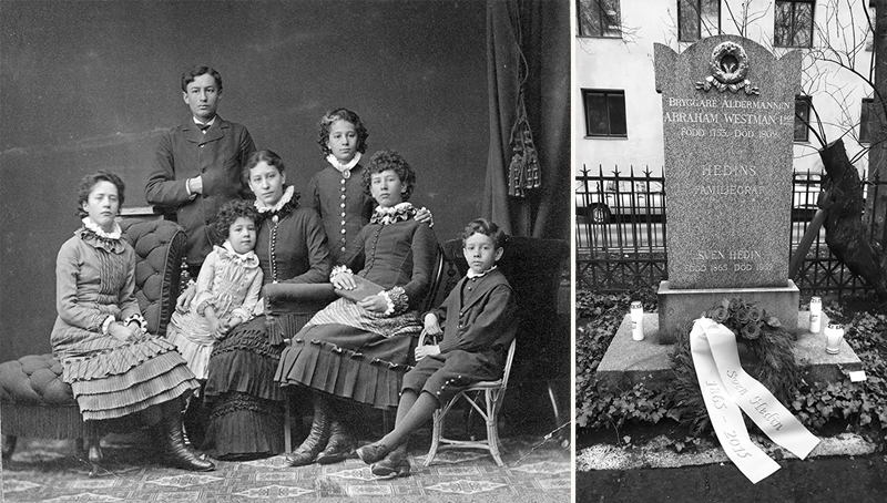 Composite image with a posed family portrait from the nineteenth century, and a gravestone with a bouquet on it. 