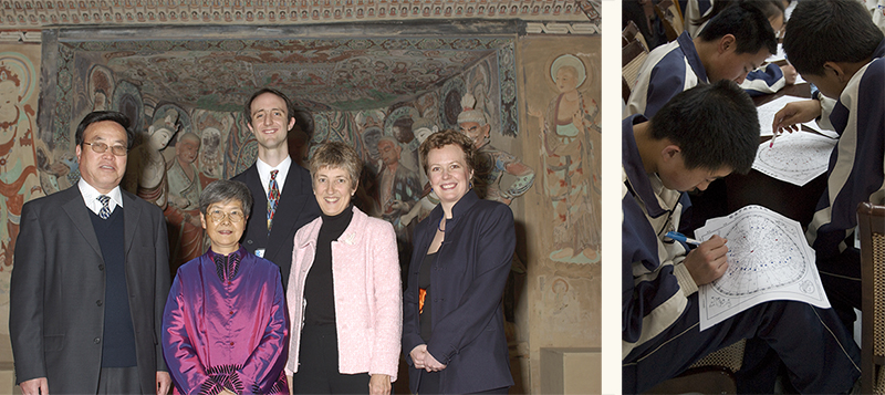 Composite of two photographs: exhibition attendees in formal dress posed together, and students filling in copies of the Dunhuang star chart.