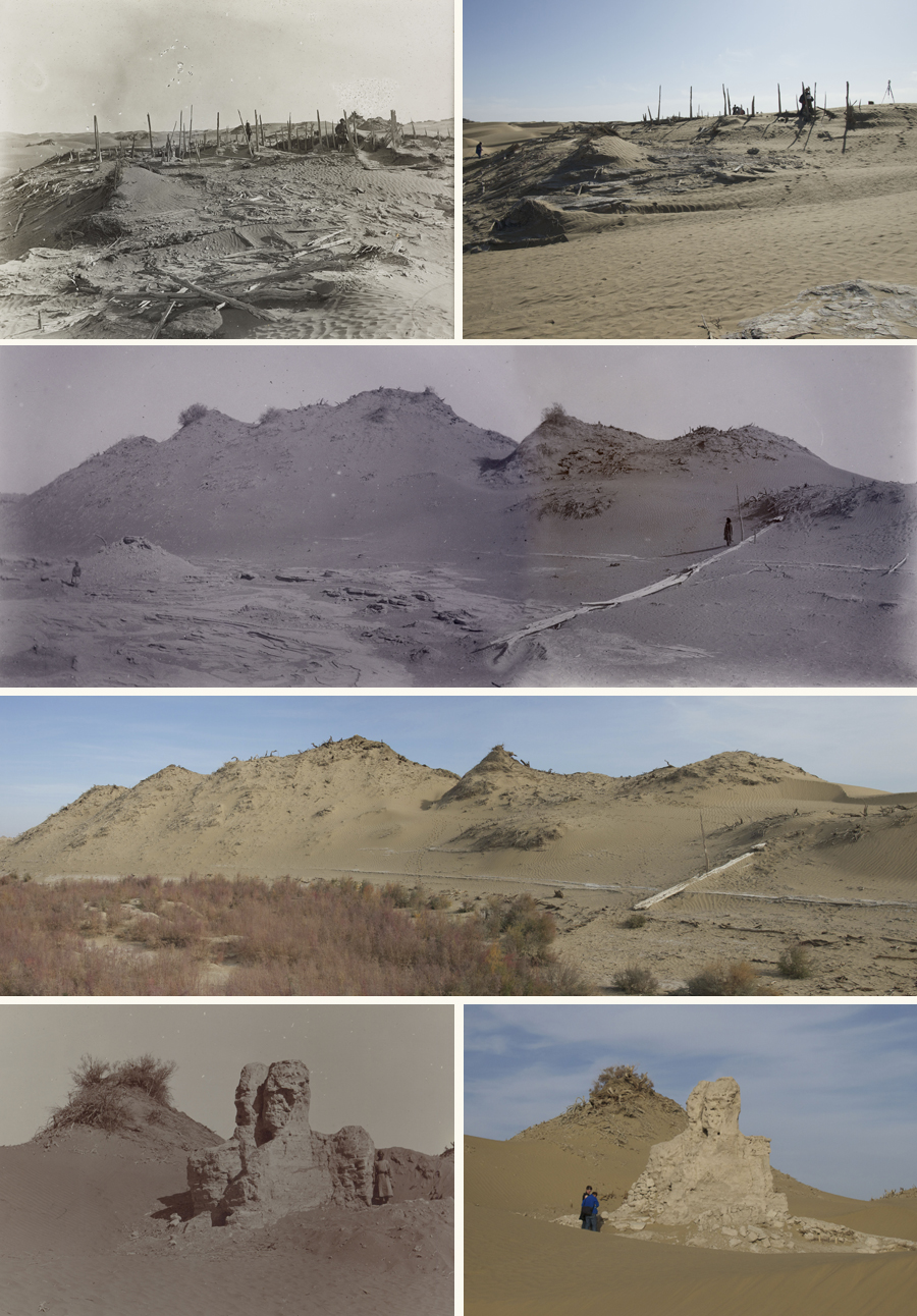 Composite of photographs comparing the modern view of the site with how it appears in Stein's historic photographs.