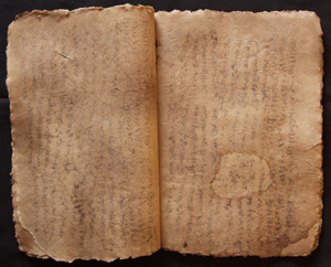 A codex form manuscript, open to show ragged-edged pages with writing and water damage. 