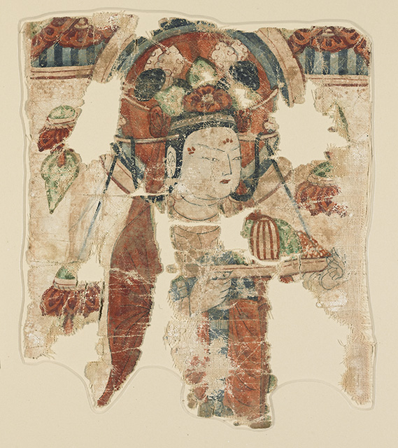Quite faded wall painting fragment with well preserved face of a female figure. 
