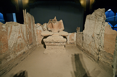 Interior of a partially reconstructed temple space.