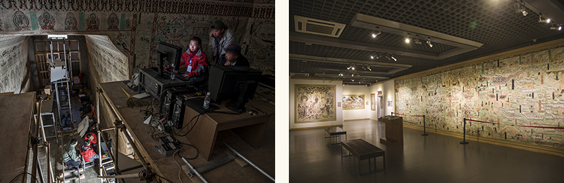 Composite of two images: one photograph of a cave being photographed for digitisation, one of a cave digitisation installed in a gallery space.