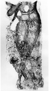 Black and white photograph of a wall painting of a human form.
