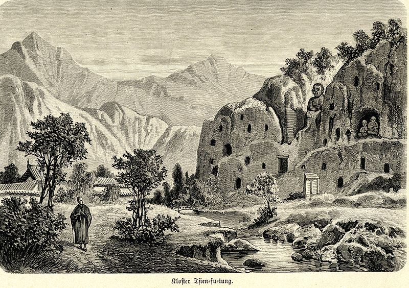 An engraved illustration representing the Mogao caves in a picturesque European style.