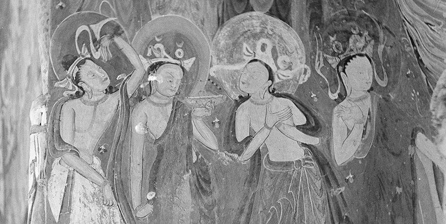Mural of painted bodhisattvas, black and white historic photograph.