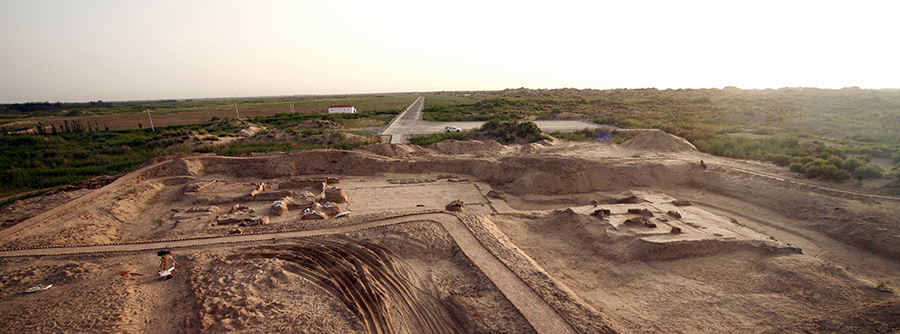Aerial view of an archaeological site.