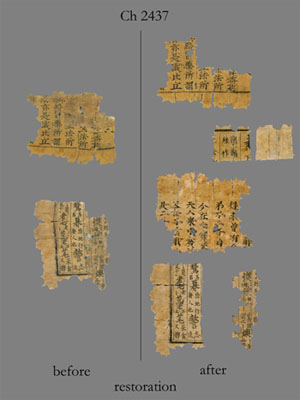Composite image showing the appearance of Chinese manuscript fragment Ch 2437 before and after restoration.