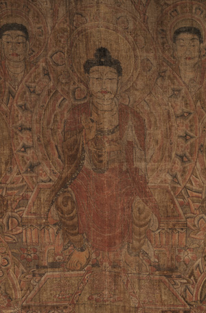 Painting on textile, somewhat faded, showing the Buddha Maitreya seated with a decorative pattern and attendant bodhisattvas behind.