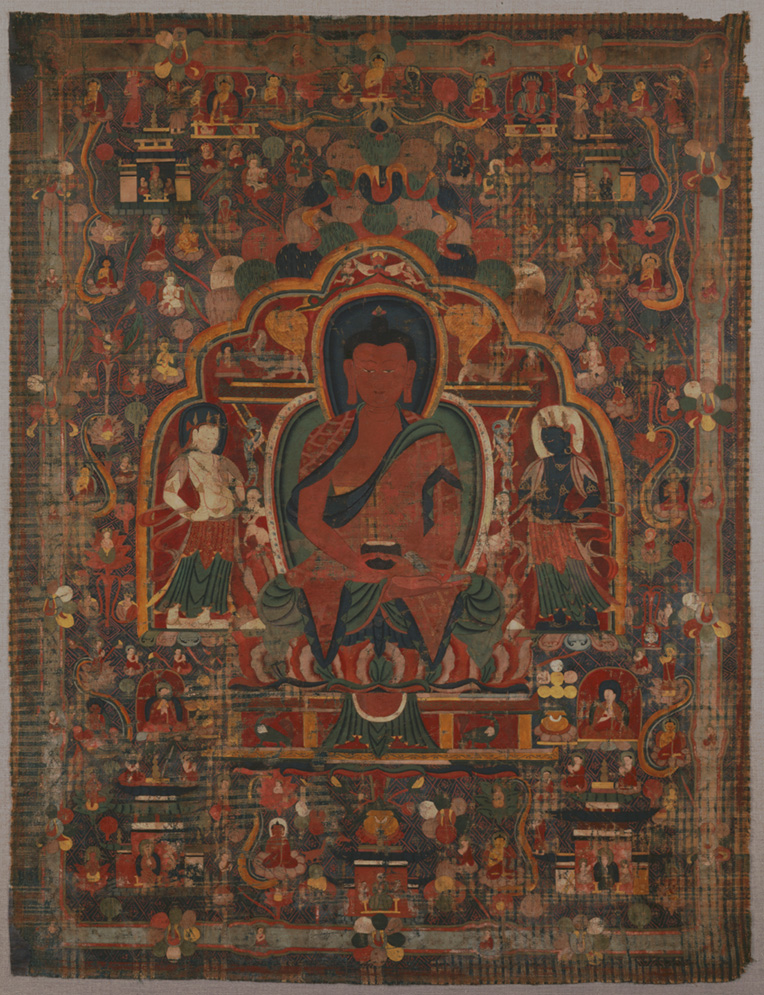 Thangka (a Tibetan form of decorative textile art) showing a Buddha flanked by bodhisattvas. 