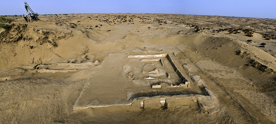 Aerial view of an archaeological site.
