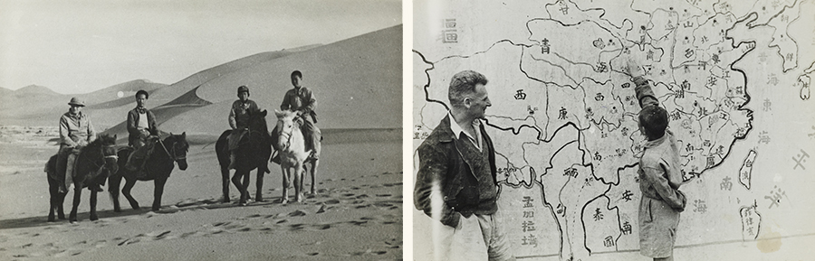 Composite of two historical photographs: one of people on horseback in the desert, one of two men looking at a large map painted on a wall.