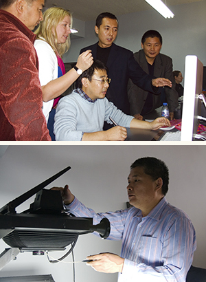 Composite image of two photographs: colleagues grouped around a computer, one colleague using high definition digitisation camera equipment.