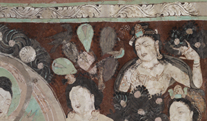 Brightly coloured wall painting fragment showing human figures.