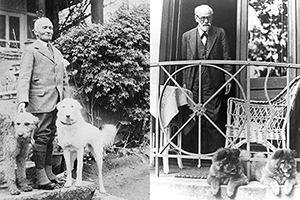 Composite image combining photographs of Aurel Stein and Sigmund Freud, both with dogs. 