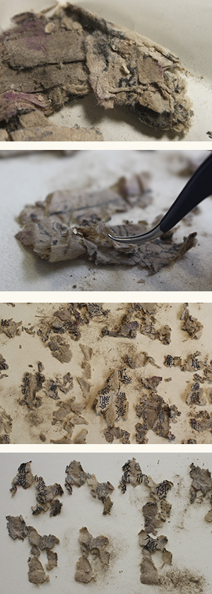 Composite of photographs of paper fragments in the process of conservation. 