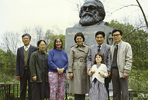 A group posed in front of Karl Marx's tomb, 1980s colour photograph.