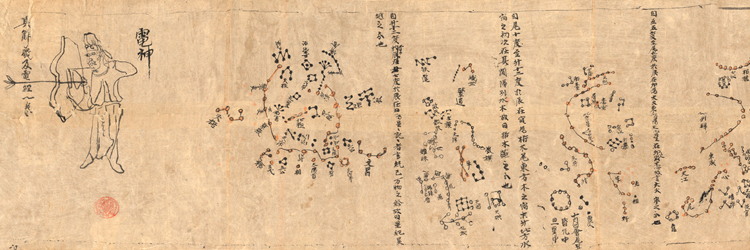 Section of a scroll manuscript that shows diagrams of constellations with descriptions in Chinese.