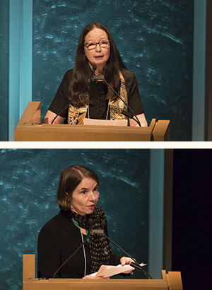 Composite image of two photographs, showing Nathalie Monnet and Valérie Zaleski presenting papers.