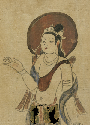 Illustration of a bodhisattva on paper, drawn in a sketch style and partially coloured. 