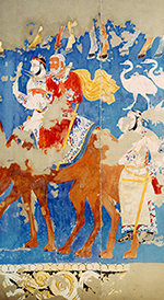 Fragment of a brightly coloured Sogdian mural.