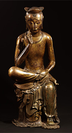 Korean statue of a seated bodhisattva, or Maitreya Buddha, in a pensive pose.