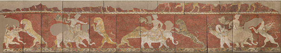 A long fresco wall painting with animals and a human figure in battle.