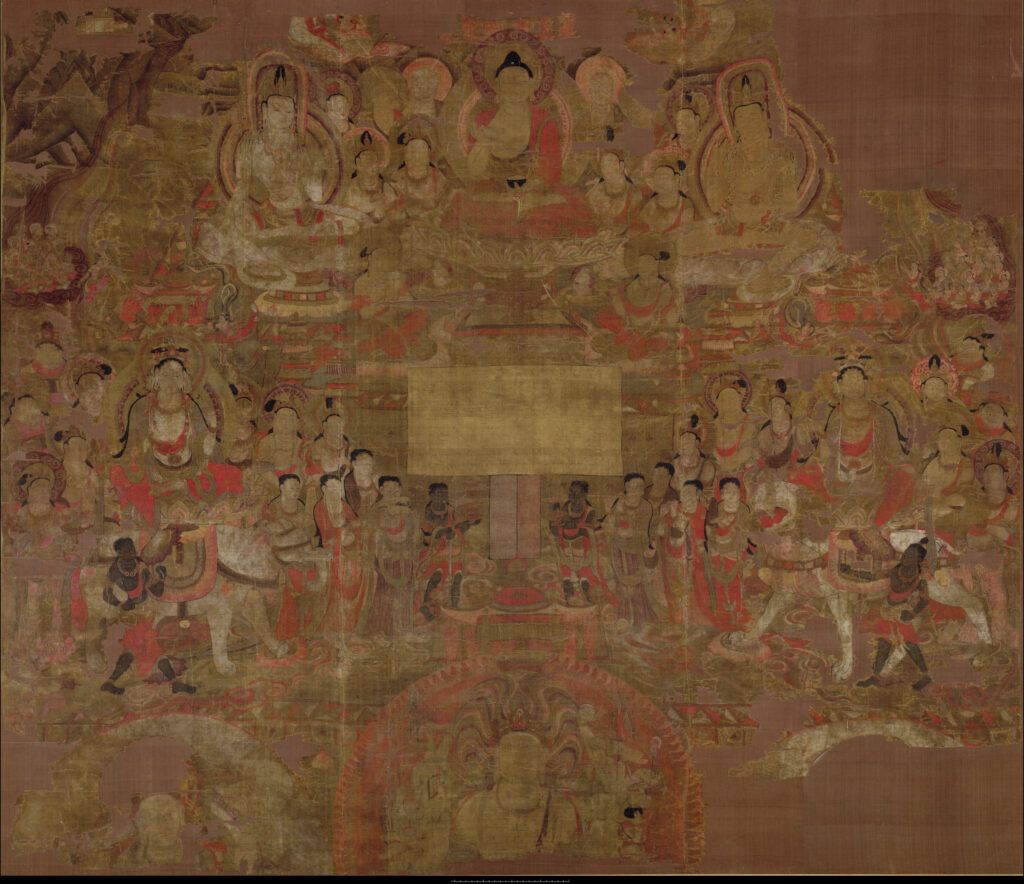 Painting on silk, somewhat faded, with symmetrical groups of animal and human figures beneath a representation of a Buddha and bodhisattvas.