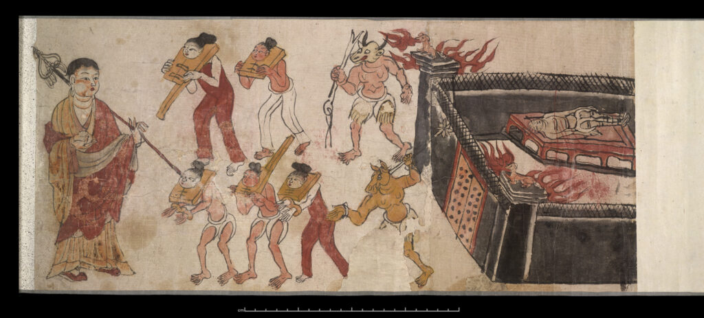 Illustration of human beings undergoing torture, threatened by animal headed demons and wearing pillories around their necks, with bodhisattva on the far left.