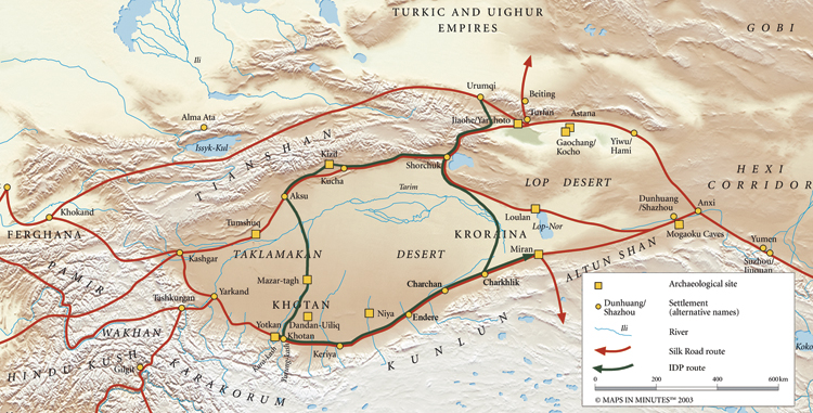 Map showing the Taklamakan desert, major towns and sites, and the routes between them that we call the Eastern Silk Roads.