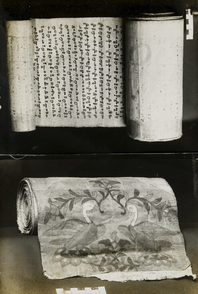 Composite of black and white photographs of a scroll opened to show writing in Brahmi, and closed to show the image of geese on the silk cover. 