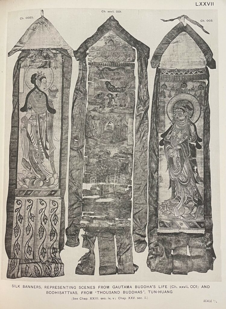 Black and white photograph of three silk banners from Dunhuang, as published in Aurel Stein's Serindia. 