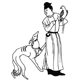 Line drawing of a falconer with a Saluki type dog. 