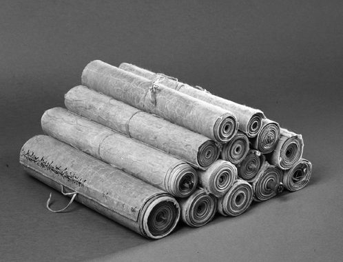A pile of neatly rolled scrolls.