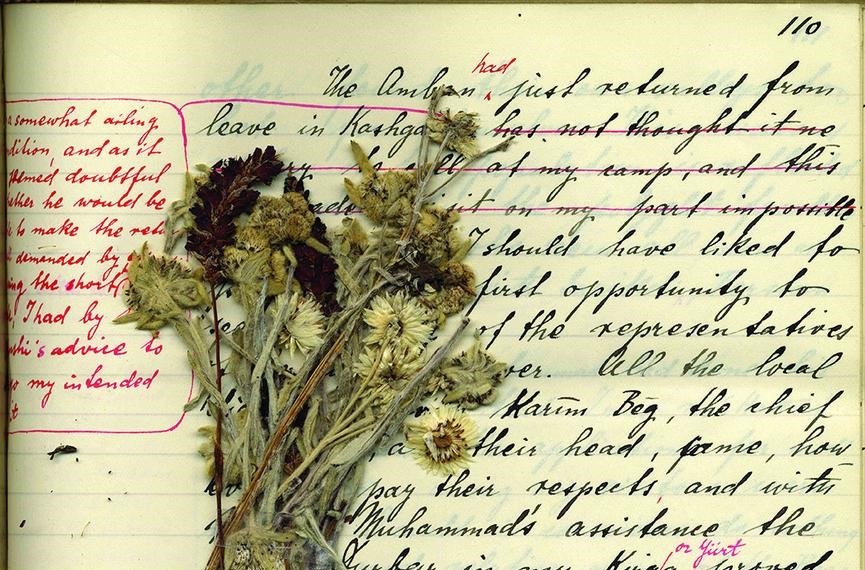 Image of a hand-written page in a notebook with dried, pressed flowers lying on it.