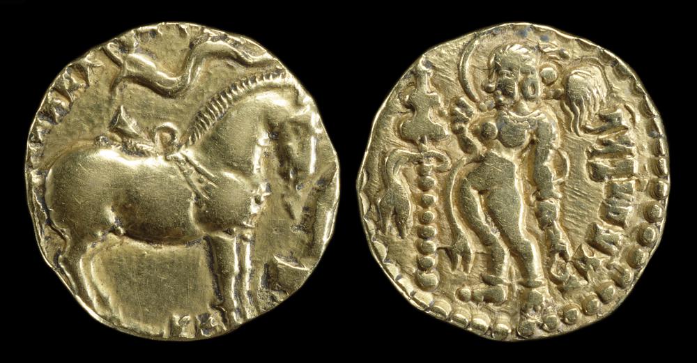 Gold coin, Gupta-era, horse on one side, female figure on reverse