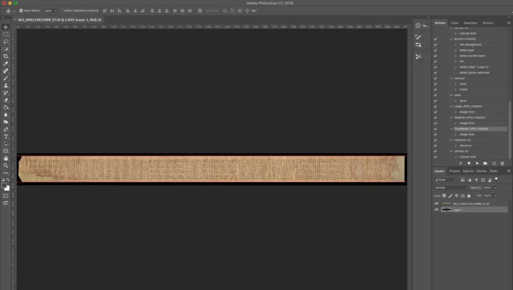 Photoshop window showing long stitched image of digitised scroll. 