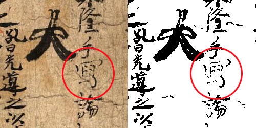 Binarisation model capturing a character, circled in red to highlight it.